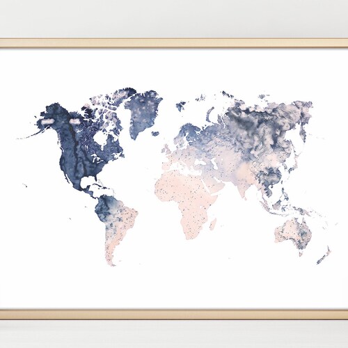 Watercolor World Map Printable Art Blush and Navy Watercolor - Etsy