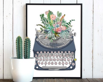 Vintage Typewriter Watercolor cactus | Printable floral wall art