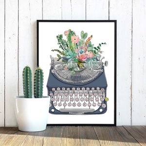 Vintage Typewriter Watercolor cactus | Printable floral wall art