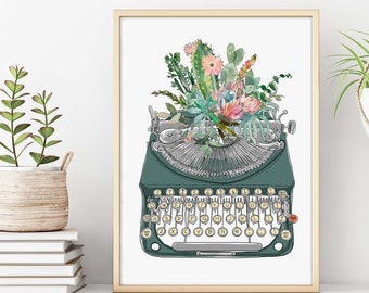 Typewriter Watercolor cactus writer gift Vintage typewriter print Printable floral wall art watercolor digital print wall art print writing