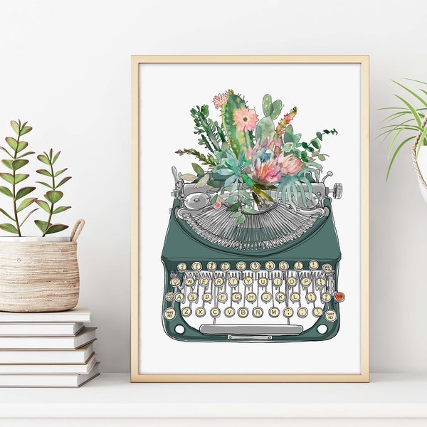 Macchina da scrivere Regalo di scrittore di cactus dell'acquerello Stampa di macchina da scrivere vintage Stampabile stampa floreale da parete acquerello stampa digitale stampa di arte della parete scrittura