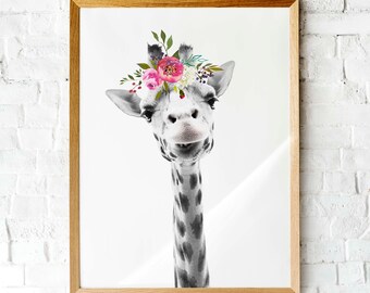 Giraffe art print  Printable art  Cute giraffe face  Flower crown Giraffe  watercolor zoo animal decor quirky giraffe print sepia photo