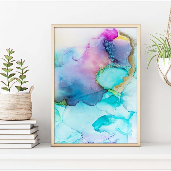 Printable art, Watercolor abstract print, blue purple, abstract ink painting