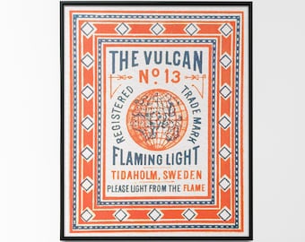 Vintage "The Vulcan' Matchbox graphic art | Vintage Matchbook Label Print | Antique Matchbox Art