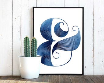 Ampersand Watercolor, indigo blue ink, Printable art, living room art