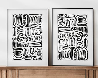 Abstract Line Art Print, Printable art, Set of 2 | abstract ink painting | Japandi black + white wall decor | minimalist ink painting