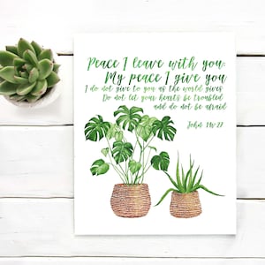 May include: A watercolour print showing green plants in woven baskets, with the text "Peace I leave with you: My peace I give you." A succulent in a white pot is to the left of the print. The text is in green.
