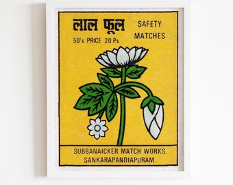 Vintage Flower Matchbox graphic art | Made in India | Vintage Matchbook Label Print | Antique Indian Matchbox Art