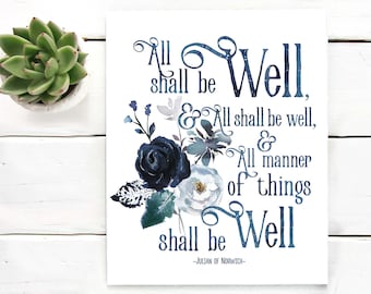 All shall be well | Printable art | Julian of Norwich quote print | Watercolor quote wall art