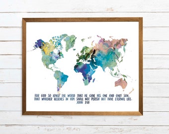 John 3v16 Rainbow Watercolor world map, scripture map art, world travel art, traveler map gift