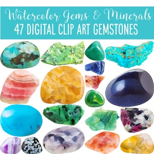 Gemstone Digital clip art, 47 watercolor gems, minerals agate slices clip art images
