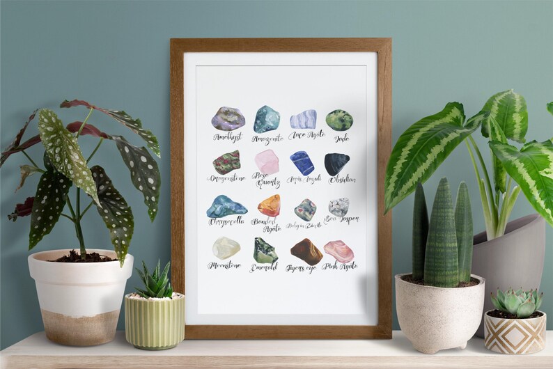 Puede incluir: Una impresi&oacute;n enmarcada con ilustraciones de acuarela de 18 piedras preciosas diferentes. Cada piedra preciosa est&aacute; etiquetada con su nombre en escritura cursiva. La impresi&oacute;n se muestra en un estante con plantas en macetas.
