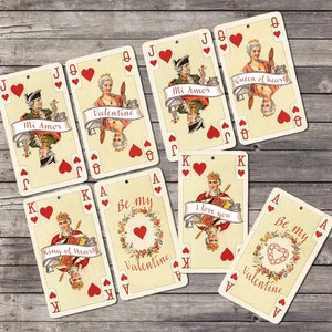 Valentine Vintage playing cards  Printable gift tags  Printable digital download - Vintage Valentine  playing cards Queen of hearts tags