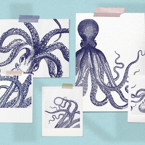 Octopus Art Prints: Navy Blue Nautical Kraken, Set of 4 (Digital Download)