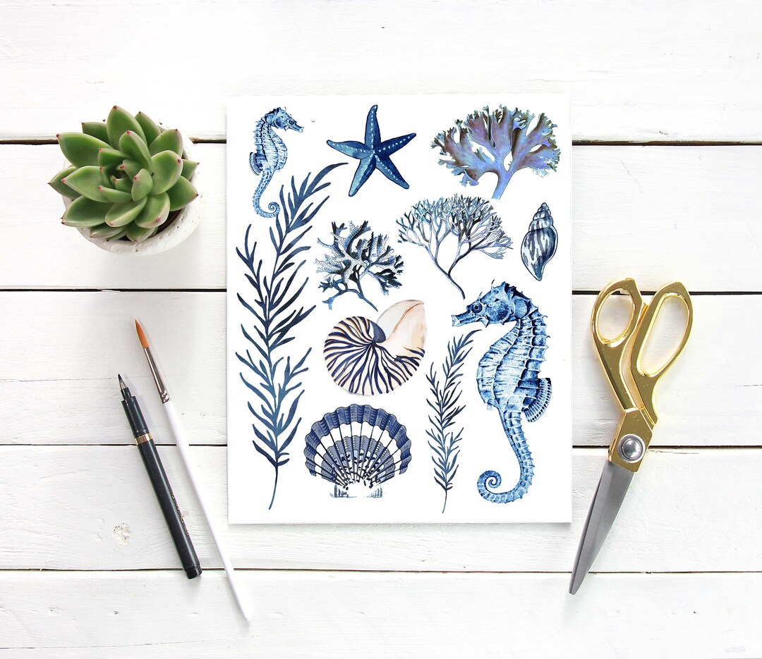 Sea Life Printable Art Wall Decor Art Print Blue Watercolor Ink Hand ...