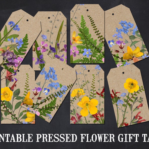 Real pressed flower printable tags |  Kraft background | Natural giftwrap