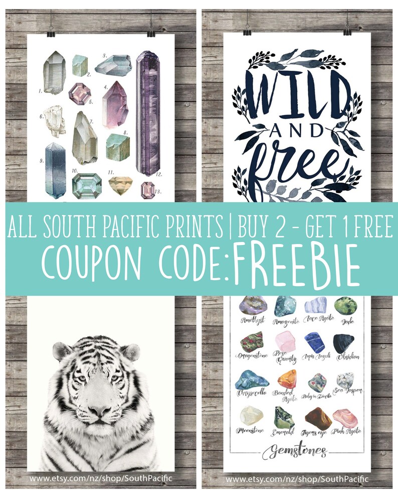 May include: Four art prints displayed. One features various gemstones with labels. Another has a black and white tiger portrait. A third print displays the words "WILD AND FREE" in navy blue. The fourth print shows numbered gemstone illustrations.
