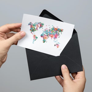 Mapa mundial em aquarela, cartão de arte floral, cartão de felicitações para impressão,