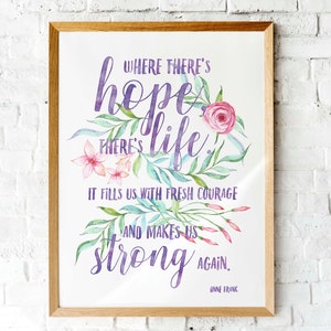 Anne Frank Watercolor quote &quot;Where there&#39;s hope, there&#39;s life&quot; Printable art