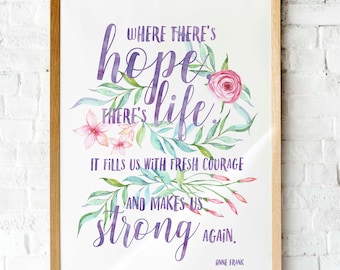 Anne Frank Watercolor quote "Where there's hope, there's life" Printable art