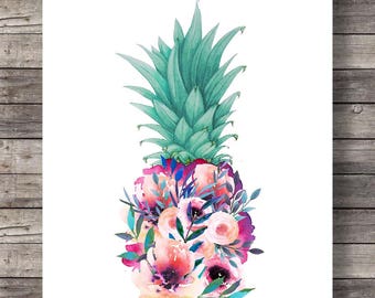 Pineapple Printable art | tropical decor | Pineapple art Print | Luxe wall art | Floral pineapple