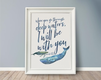 Isaiah 43:2 Nautical Art - Blue Watercolor Whales, Inspirational Scripture Print