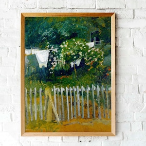 Vintage Laundry Day Art Print: Moody Garden Oil Painting (Digital Download)