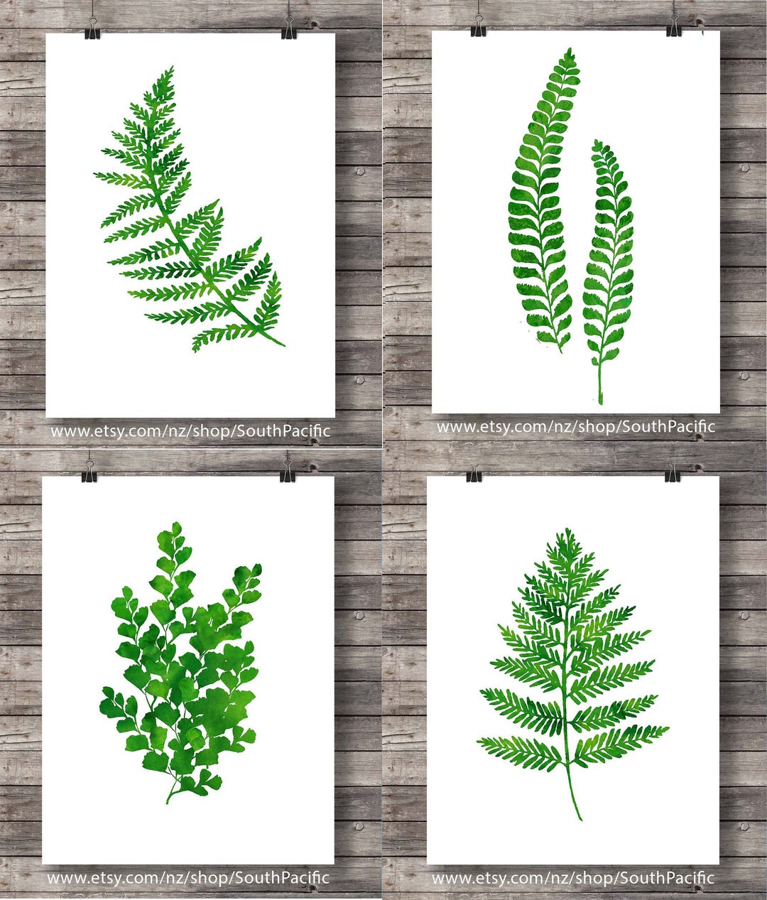 Fern Prints | Printable Art | Set of 4 Watercolor Green Fern Leaf ...