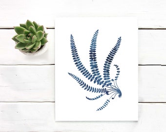 Ink blue fern art print | Printable art | painting indigo fern leaf print | living room art