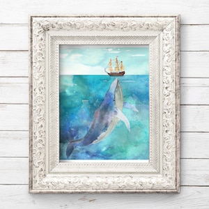 Aquarel walvis en boot |  Afdrukbare muurkunst