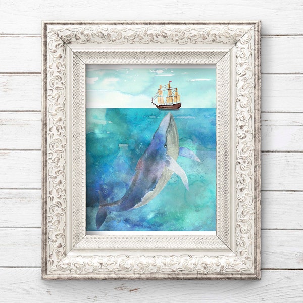 Whale and boat watercolor |  Printable wall art