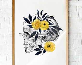 Floral Schädel Anatomie Aquarell Druck (Digital Download)