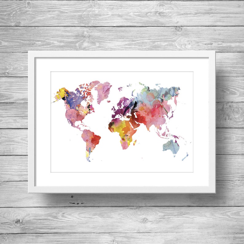 Printable art Rainbow Watercolor world map Printable wall art Printable Geography wall artPrintable watercolor world map travel decor