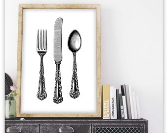 Silverware Vintage art print.  Printable art Vintage Kitchen. Antique knife fork spoon. Printable antique Kitchen Décor