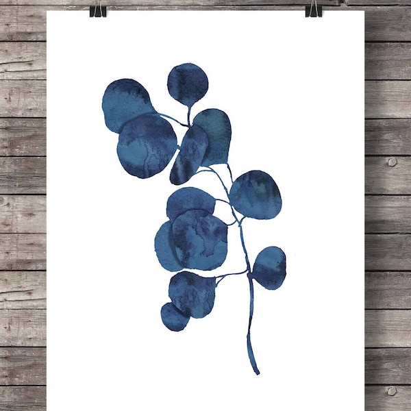 Ink blue eucalyptus foliage print  Printable art  painting indigo leaf print watercolor leaf botanical illustration eucalyptus print