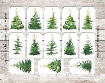 Watercolor Christmas Tree Gift Tags: Printable Holiday Art (Digital Download)