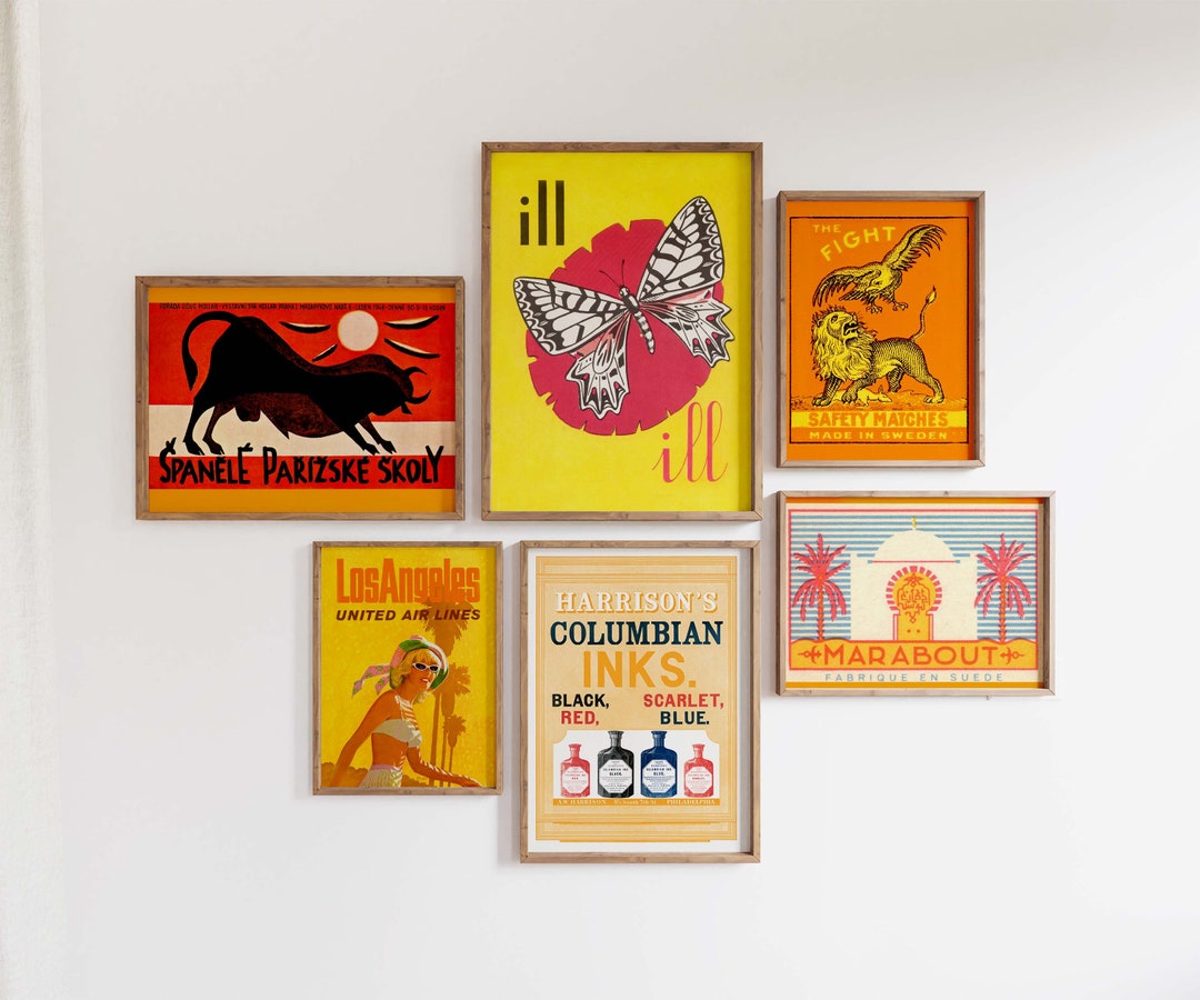 vintage-graphic-poster-gallery-wall-mid-century-modern-warm-colors