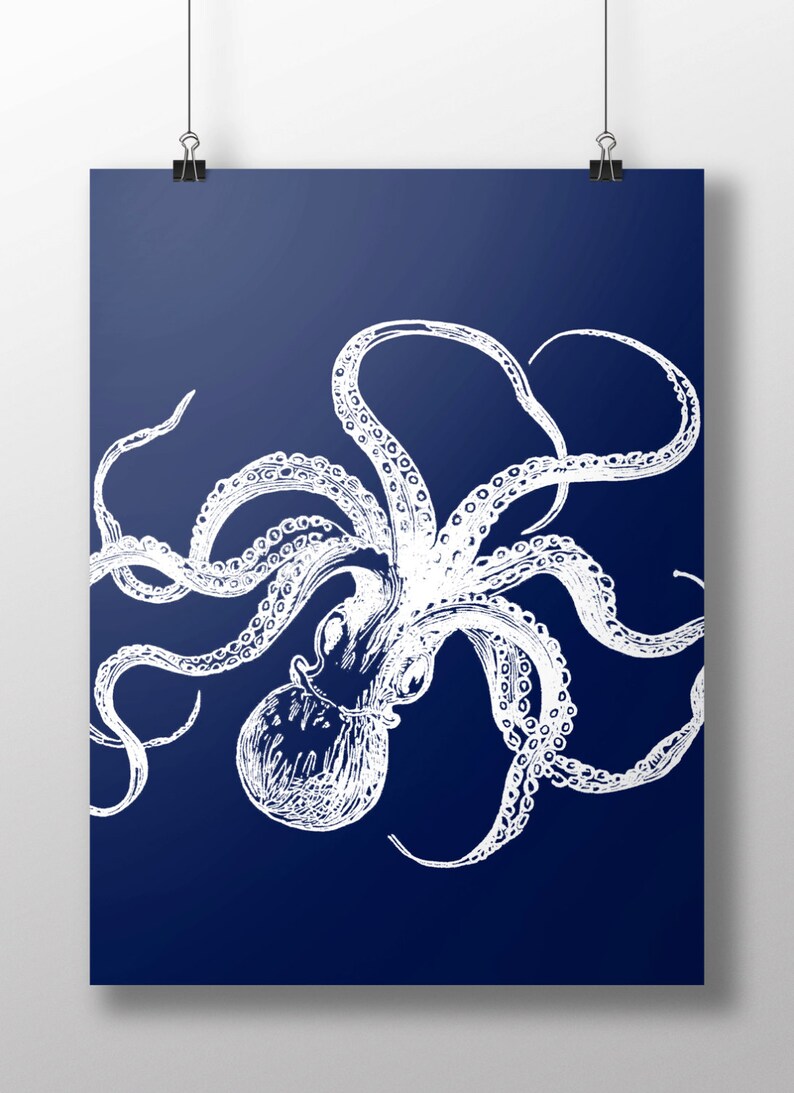 Navy Blue Octopus Print Nautical Wall Art Kraken Tentacles Etsy