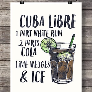 Cuba Libre Cocktail print Cocktail Illustration Bar Decor Kitchen decor Cuba Libre Classic cocktail Printable bar sign wall art print