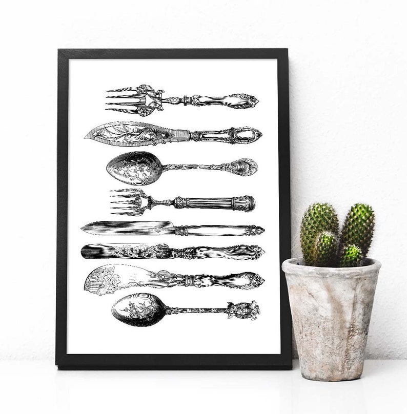 Silverware Vintage Art Print. Printable Art Vintage Kitchen. Etsy