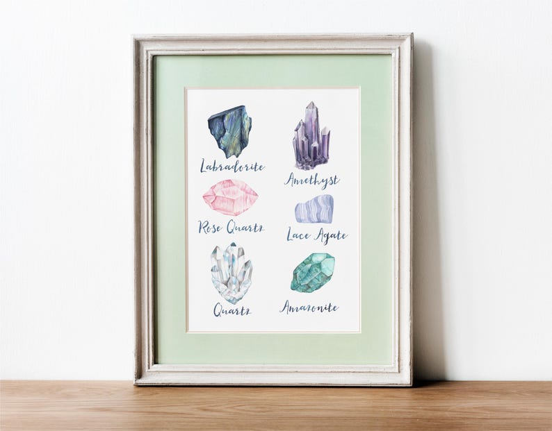 May include: Framed print featuring watercolor illustrations of various crystals, including Labradorite, Amethyst, Rose Quartz, Lace Agate, Quartz, and Amazonite. Each crystal is labeled with its name in elegant script, set against a white background.
