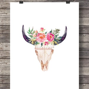 Aquarel koeienschedelprint: bloemen stierenschedelschilderij (digitale download)
