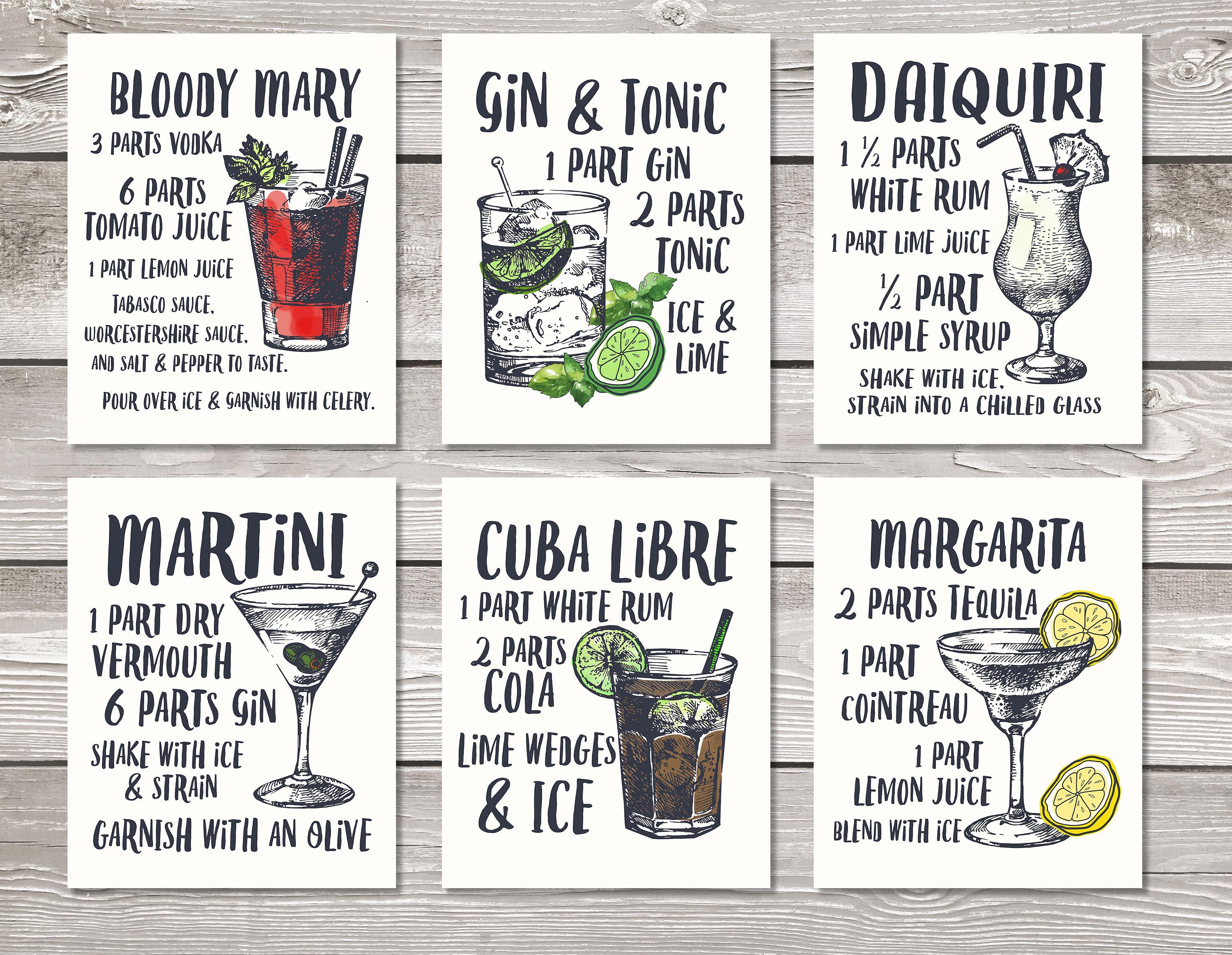 Cocktails art prints Set of six printable Cocktail | Etsy