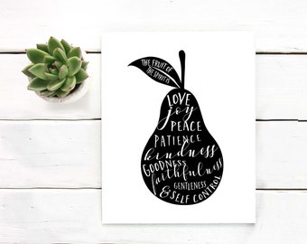 Fruit of the Spirit Galatians 5v22 minimalist Pear typography Scripture print Printable bible verse fruit print Bible verse wall art