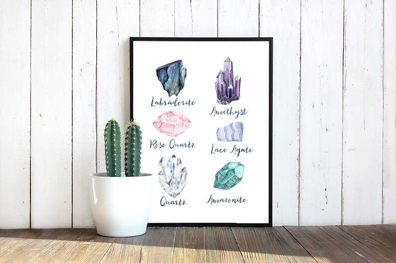 May include: A framed print featuring watercolor illustrations of various crystals, including Labradorite, Amethyst, Rose Quartz, and Quartz. The names of each crystal are written below the corresponding image. A white potted cactus sits to the left of the framed print.