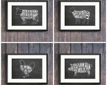 Chalkboard Butchery prints set of four Chicken Pork Lamb Beef Printable wall art 16x20 kitchen decor meat cuts, kitchen art print