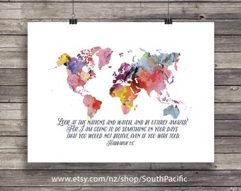 Watercolor world map, Printable art, Habakkuk 1:5,  Rainbow Watercolor,  world travel art. Bible verse wall art . Bible verse signs