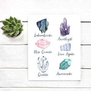 May include: Watercolor print featuring illustrations of various crystals, including Labradorite, Amethyst, Rose Quartz, and Quartz. Each crystal is labeled with its name in elegant script. The artwork showcases a palette of blues, purples, pinks, and greens.