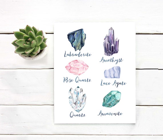 Watercolor Gemstones Art Print: Geology Crystal Illustration (Digital Download 16x20 File)