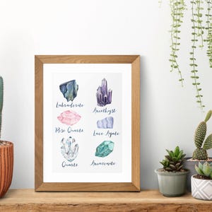 May include: A framed print featuring watercolor illustrations of various crystals, including Labradorite, Amethyst, Rose Quartz, and Quartz. The print is displayed on a wooden shelf, alongside potted cacti and succulents. The artwork is labeled with the crystal names.